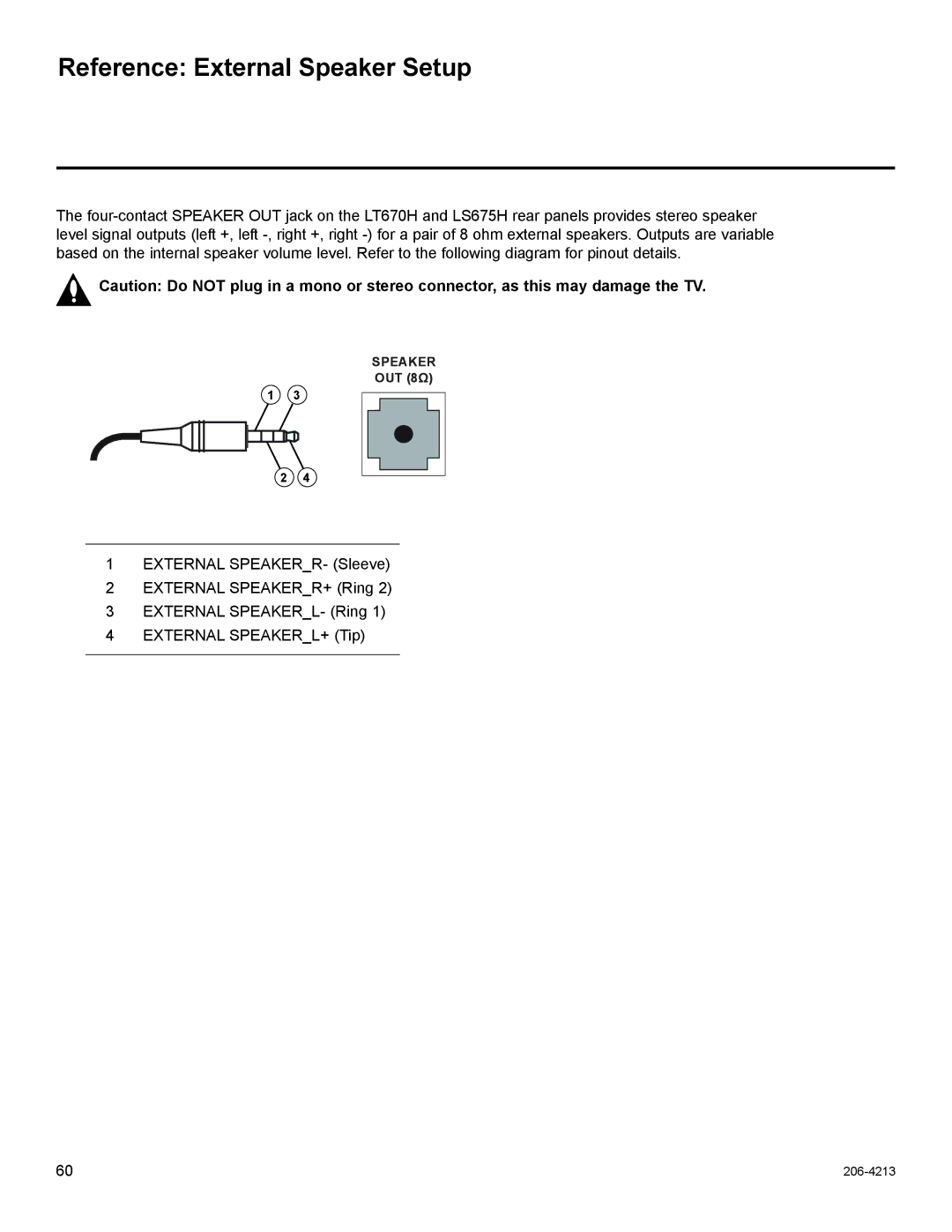 LG Electronics 55LS675H, 42LT670H, 37LT670H, 32LT670H, 26LT670H setup guide Reference External Speaker Setup 