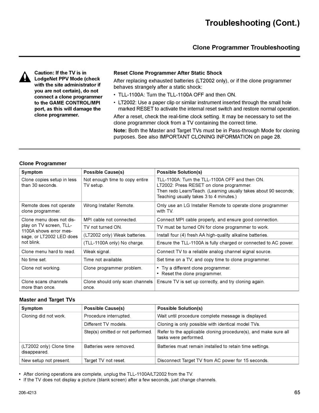 LG Electronics 55LS675H Clone Programmer Troubleshooting, Reset Clone Programmer After Static Shock, Master and Target TVs 