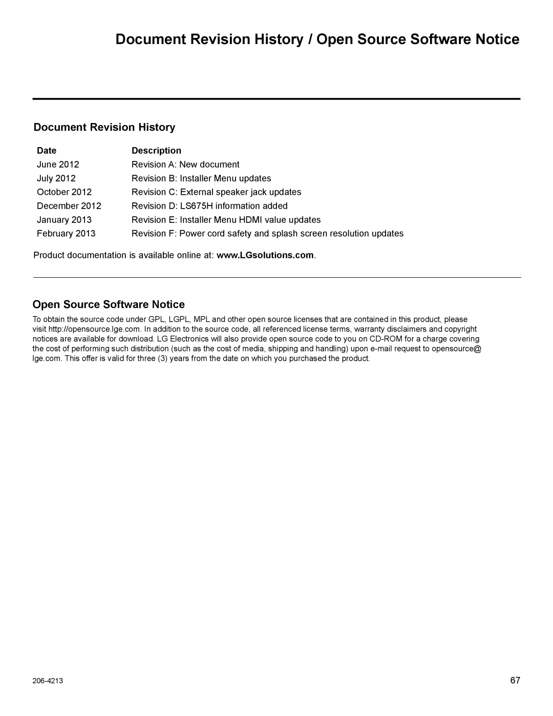 LG Electronics 37LT670H, 55LS675H, 42LT670H Document Revision History / Open Source Software Notice, Date Description 