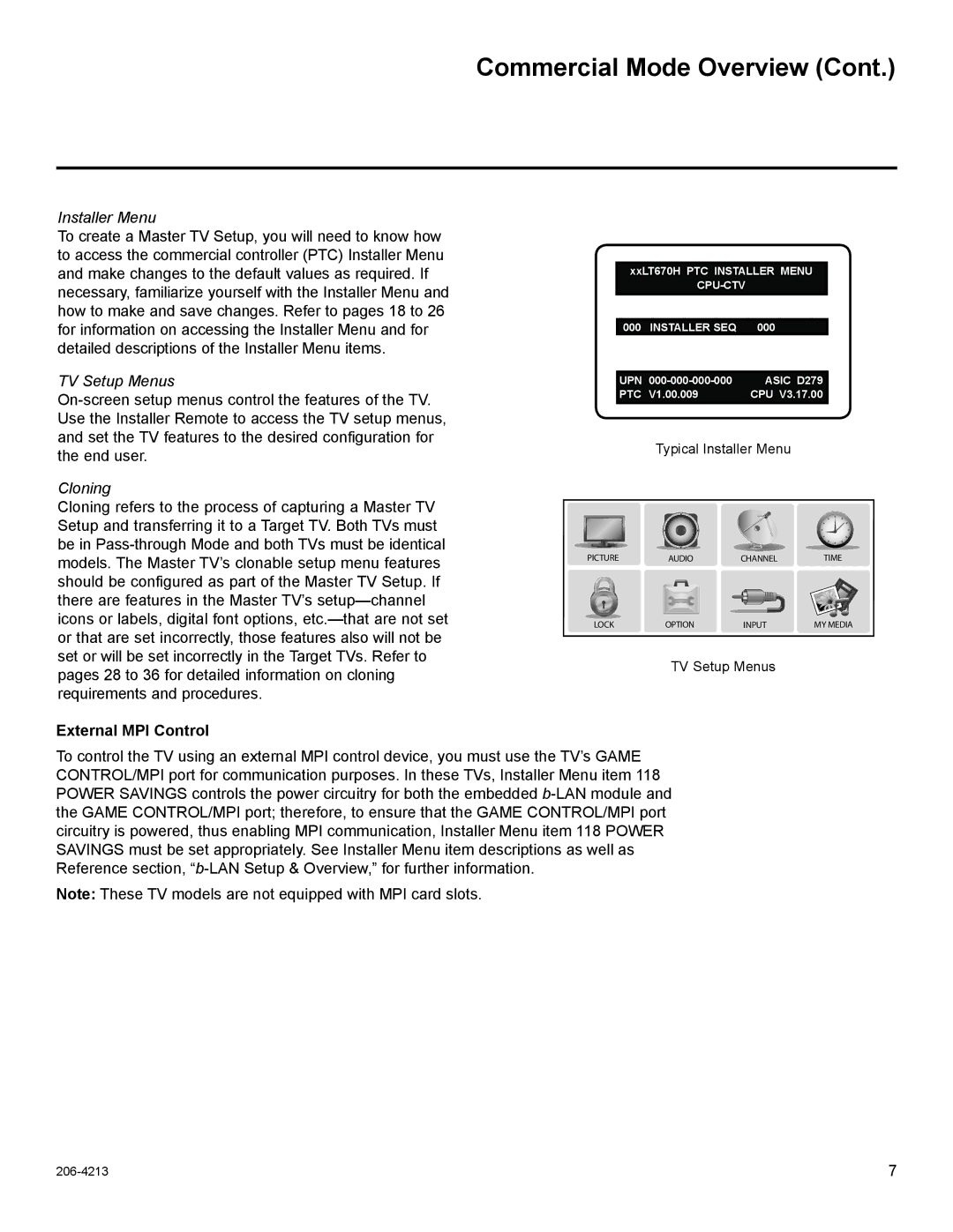 LG Electronics 37LT670H, 55LS675H, 42LT670H, 32LT670H, 26LT670H setup guide Installer Menu, External MPI Control 