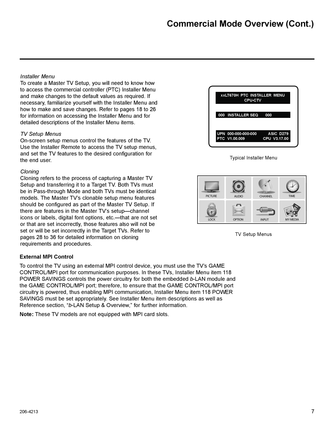 LG Electronics 37LT670H Commercial Mode Overview Cont, External MPI Control, Installer Menu, TV Setup Menus, Cloning 