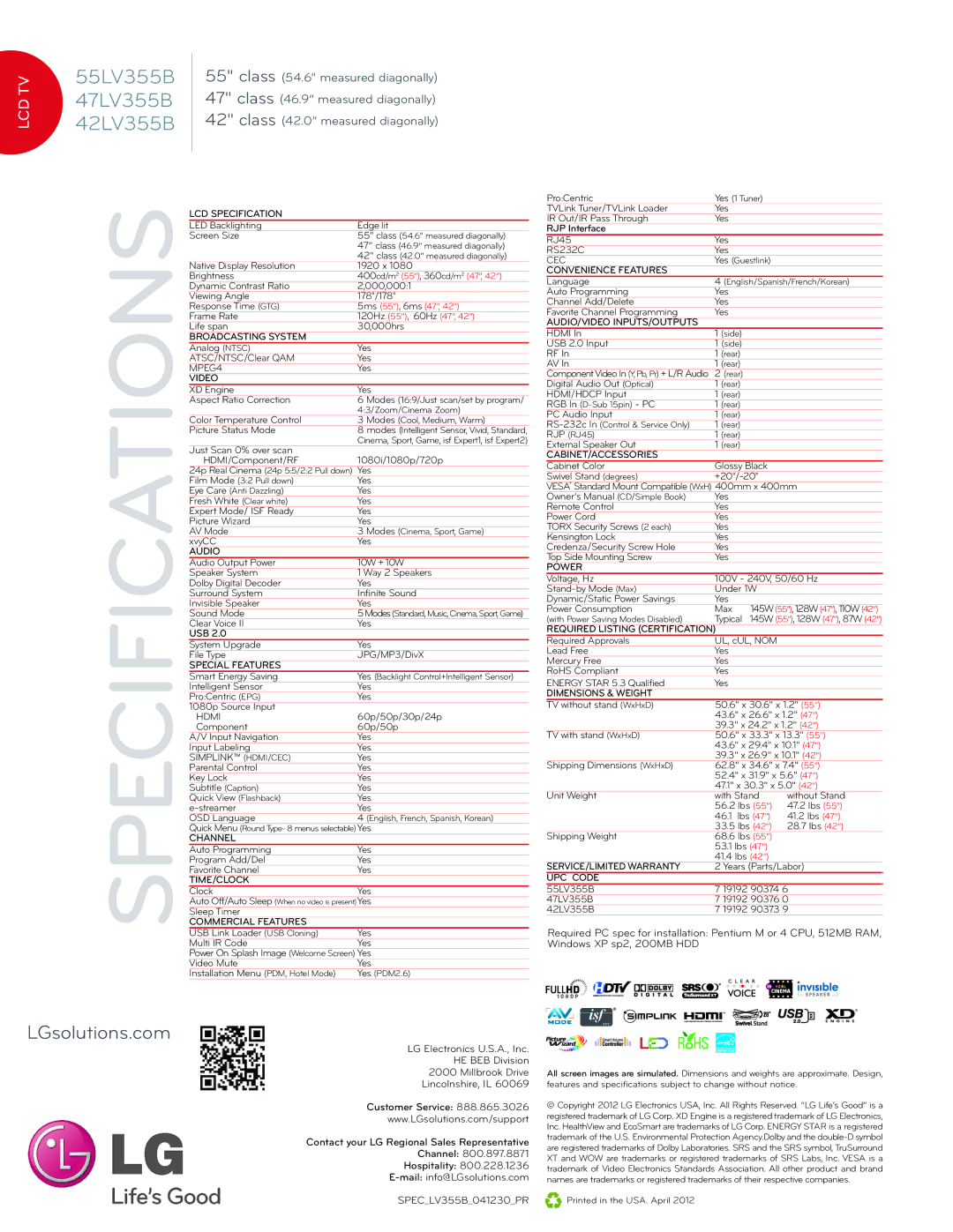 LG Electronics 47LV355B, 55LV355B, 42LV355B warranty Specifications 