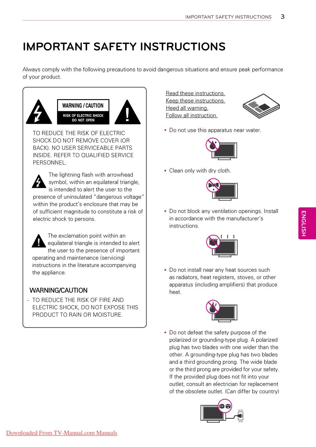 LG Electronics 55LV355B, 55LV5300, 55LW5000, 55LV355C, 55LV3500, 50PZ200, 50PW350R, 50PW350U Important Safety Instructions 