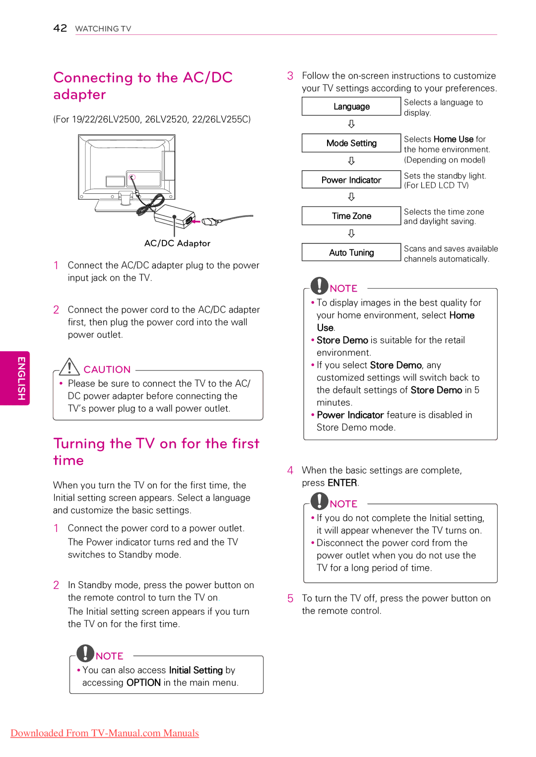 LG Electronics 50PZ200, 55LV5300, 55LW5000, 55LV355C Connecting to the AC/DC, Adapter, Turning the TV on for the first time 