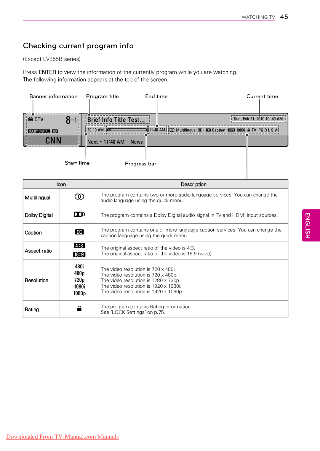 LG Electronics 50PW350U, 55LV5300, 55LW5000, 55LV355C, 55LV355B Checking current program info, Next 1140 AM News Start time 