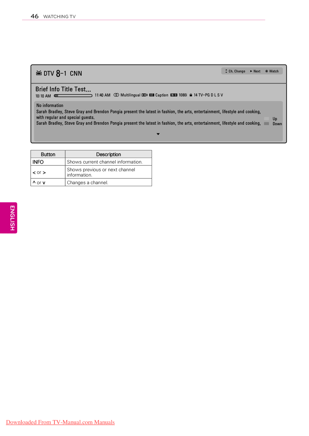 LG Electronics 47LV355B, 55LV5300 Shows current channel information, Shows previous or next channel, Information 