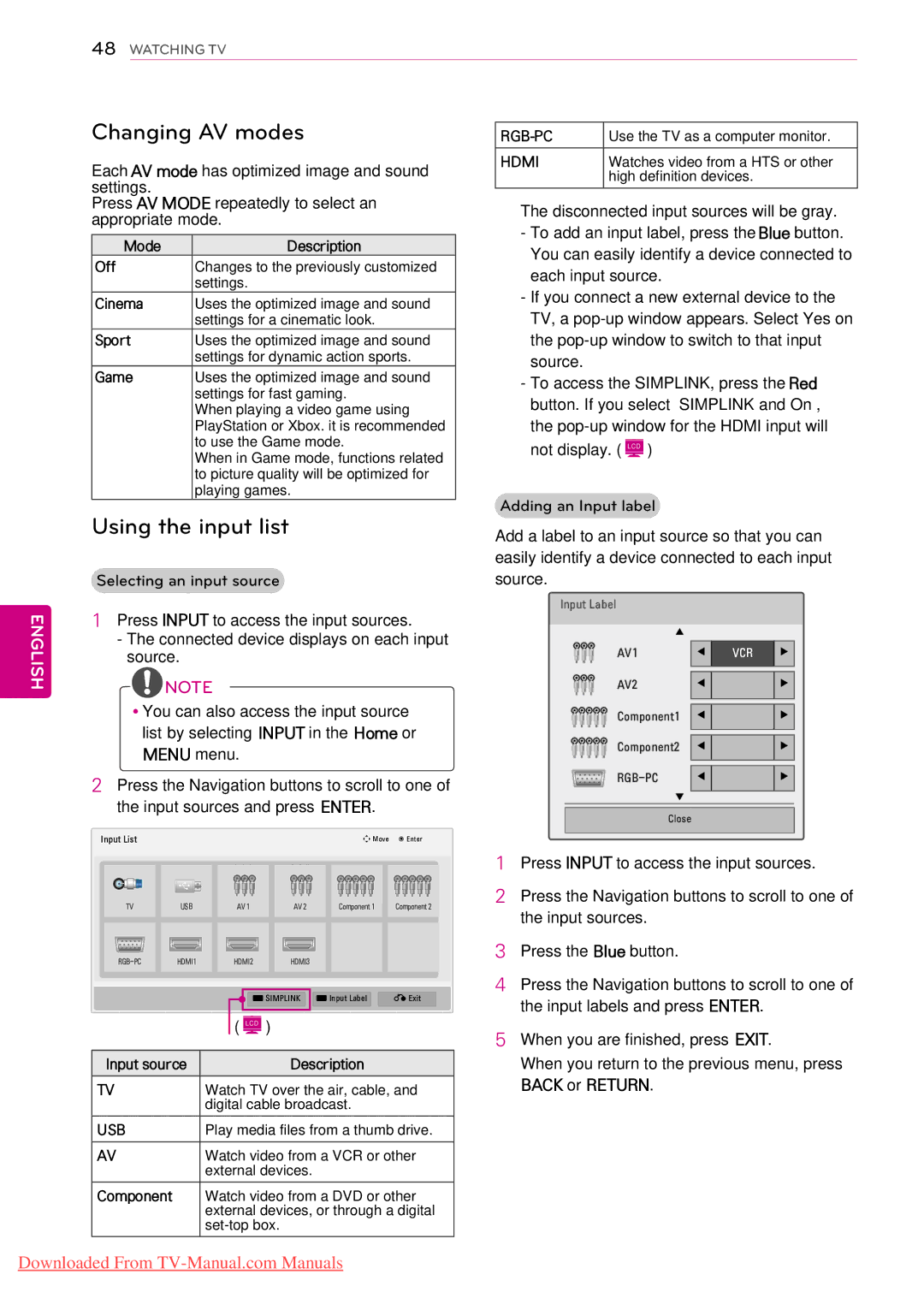 LG Electronics 42PW350R, 55LV5300, 55LW5000, 55LV355C, 55LV355B, 55LV3500, 50PZ200 Changing AV modes, Using the input list 