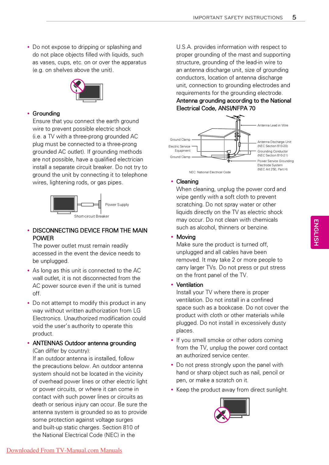 LG Electronics 50PZ200 Antenna grounding according to the National, YyGrounding, YyCleaning, YyMoving, YyVentilation 