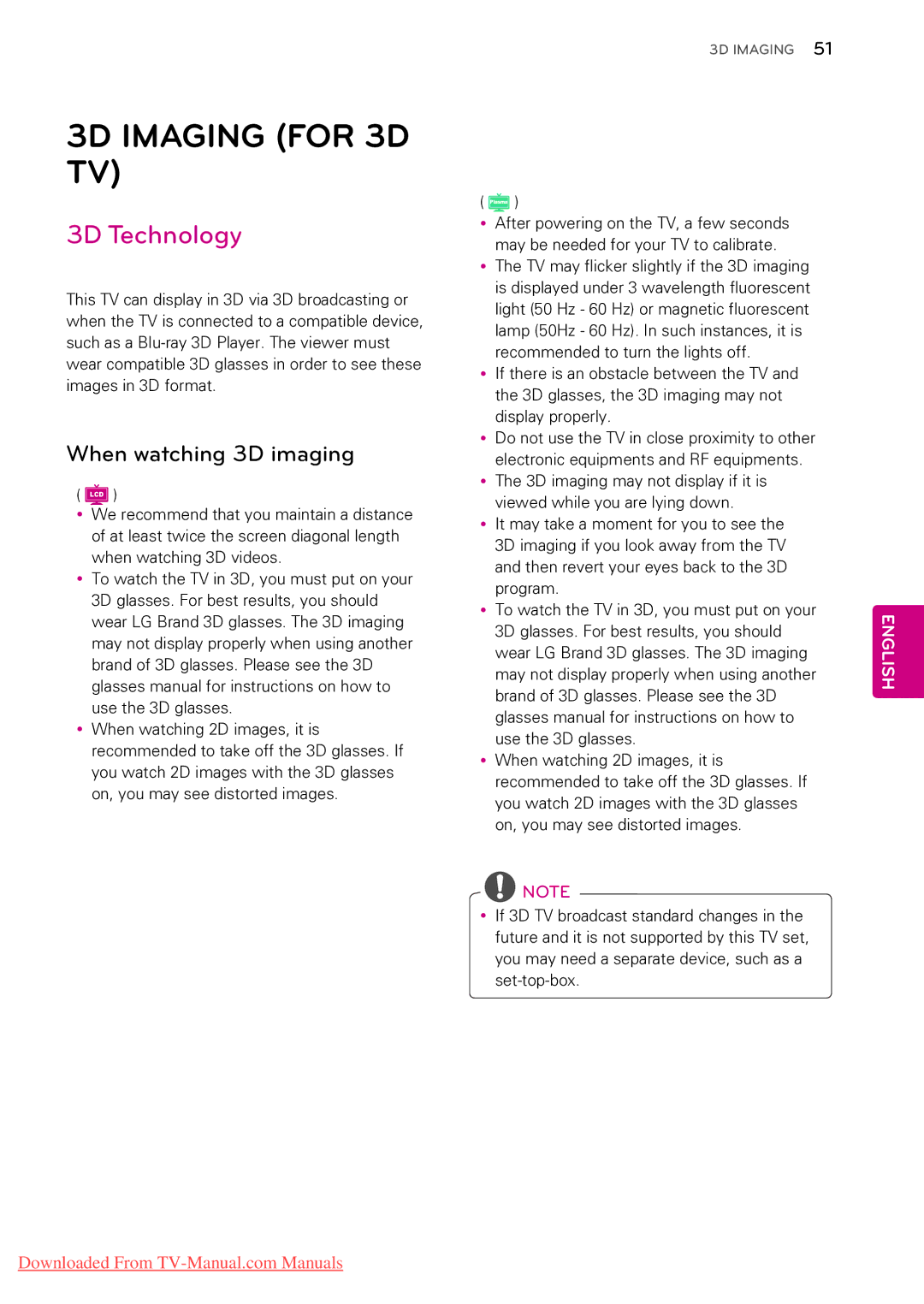 LG Electronics 37LK450, 55LV5300, 55LW5000, 55LV355C, 55LV355B 3D Imaging for 3D TV, 3D Technology, When watching 3D imaging 