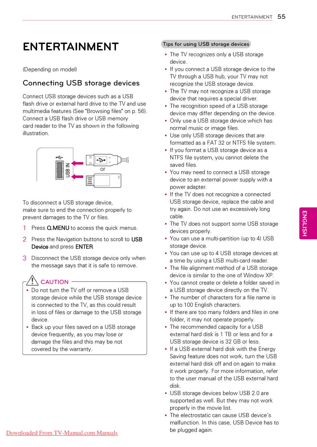 LG Electronics 32LK450, 55LV5300, 55LW5000, 55LV355C Entertainment, Connecting USB storage devices, Depending on model 