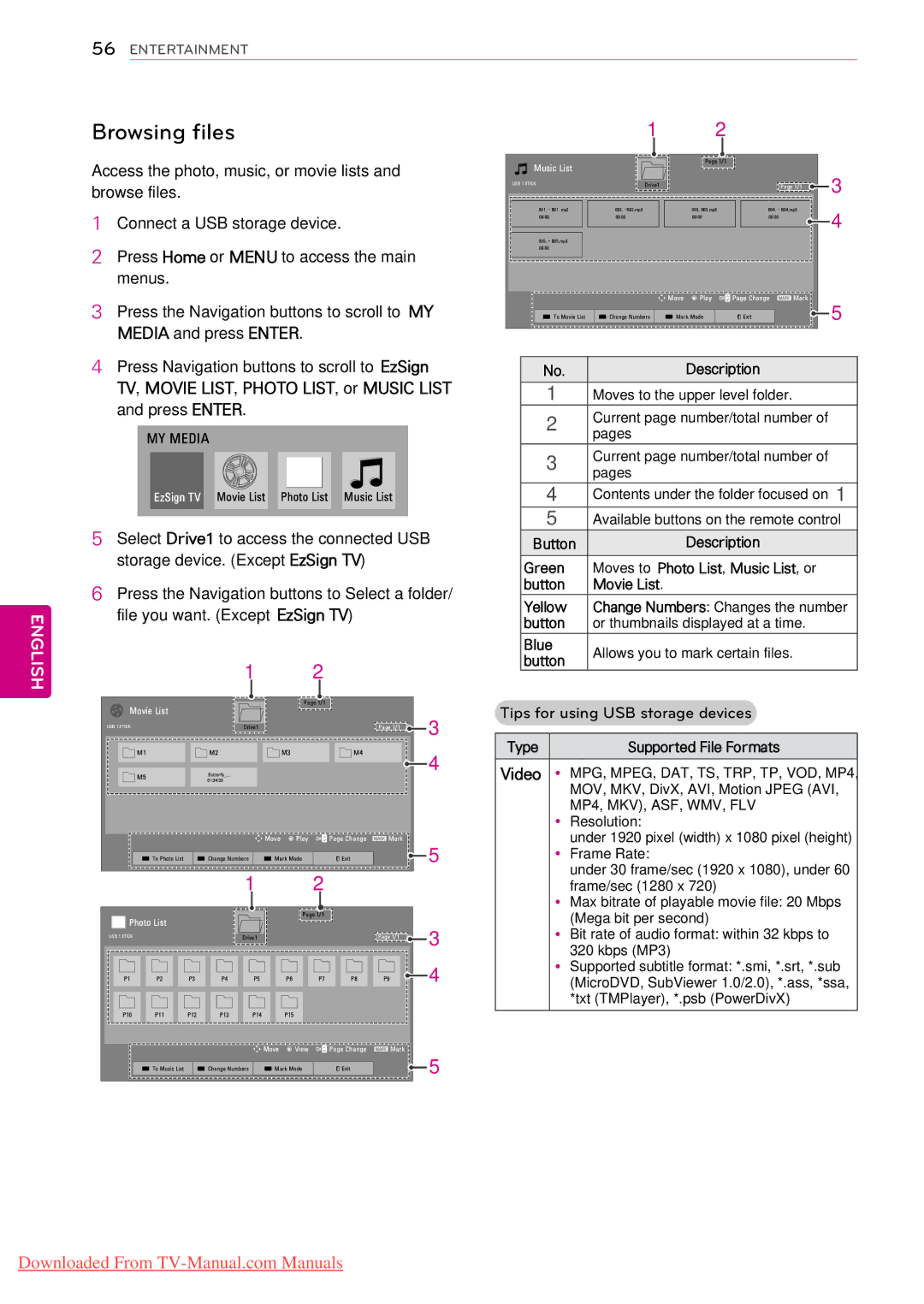 LG Electronics 22LV2500, 55LV5300, 55LW5000, 55LV355C, 55LV355B, 55LV3500, 50PZ200, 50PW350R, 50PW350U Browsing files, Movie List 