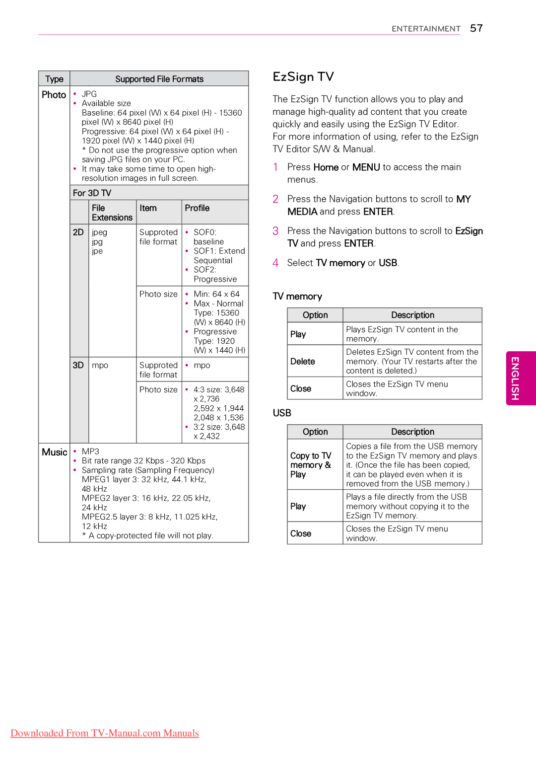 LG Electronics 26LV2500, 55LV5300, 55LW5000, 55LV355C, 55LV355B EzSign TV, Media and press Enter, Select TV memory or USB 