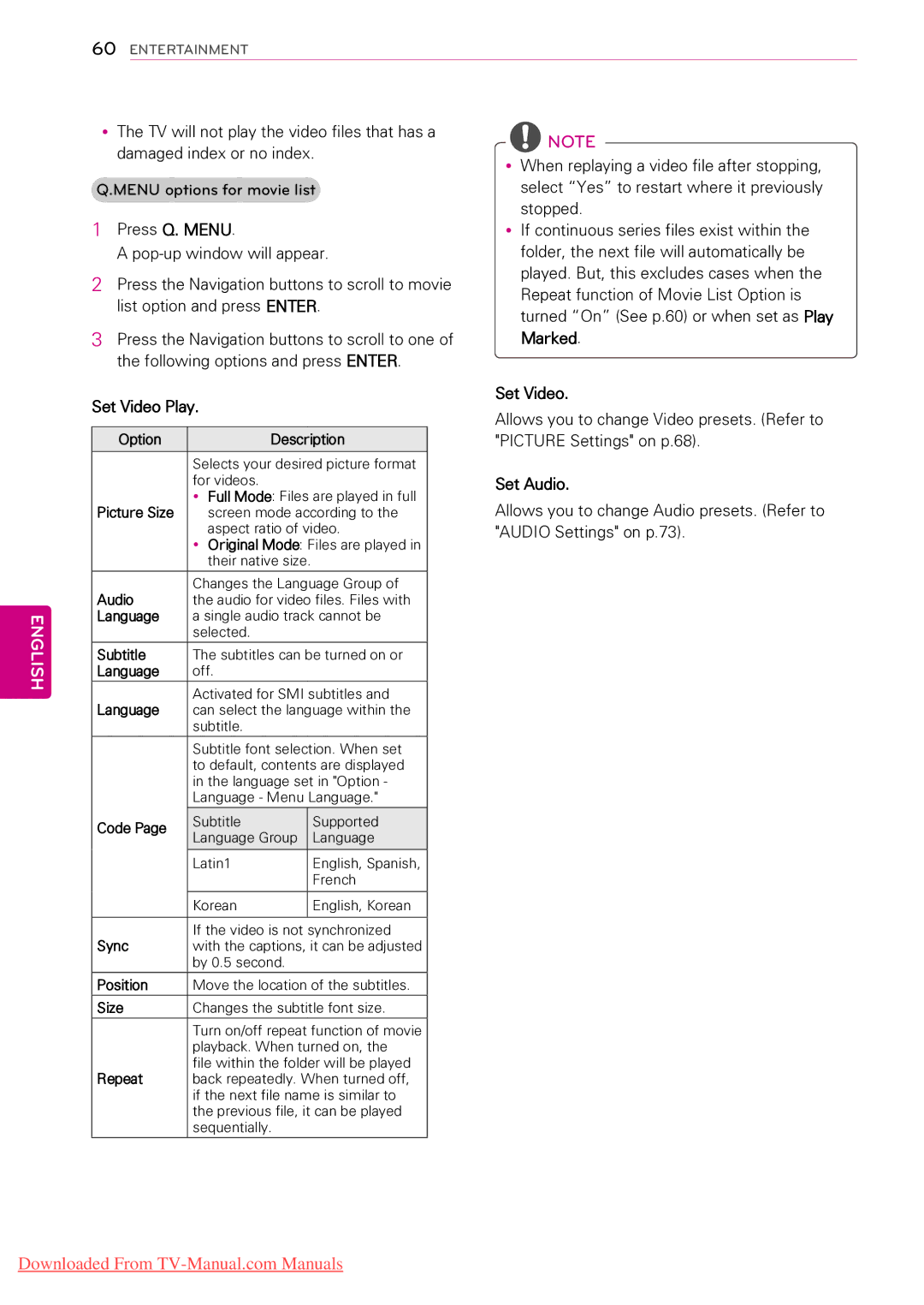 LG Electronics 42LV355B, 55LV5300, 55LW5000, 55LV355C Marked, Following options and press Enter, Set Video Play, Set Audio 