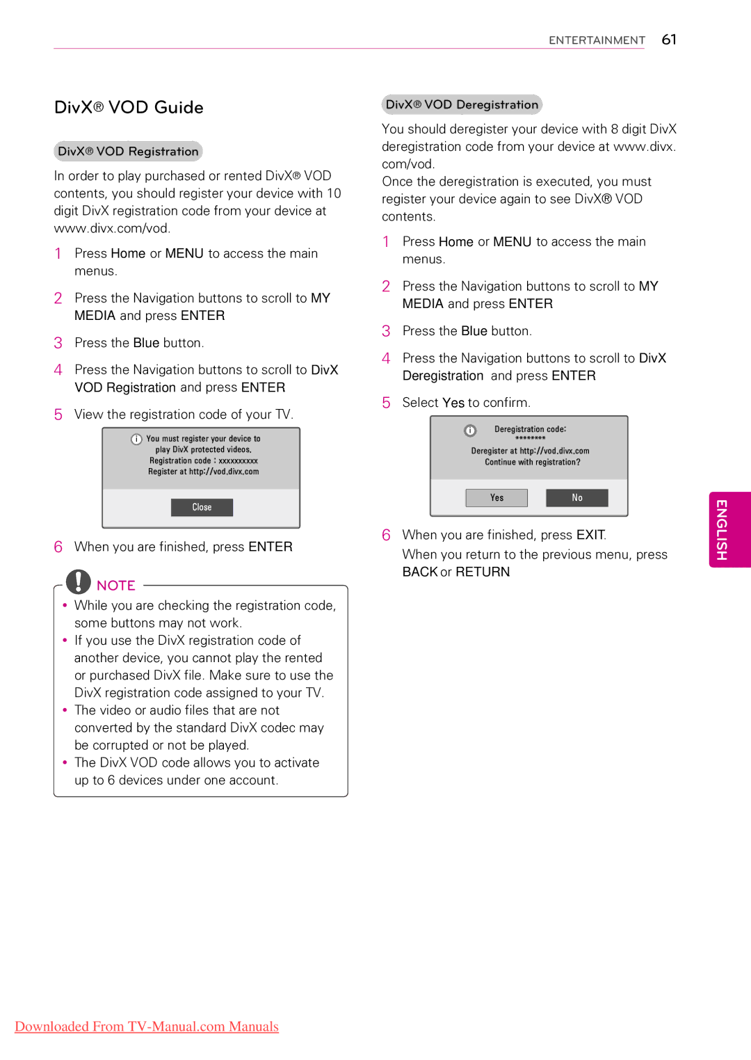 LG Electronics 42LV355C DivX VOD Guide, Deregistration and press Enter, VOD Registration and press Enter, Back or Return 