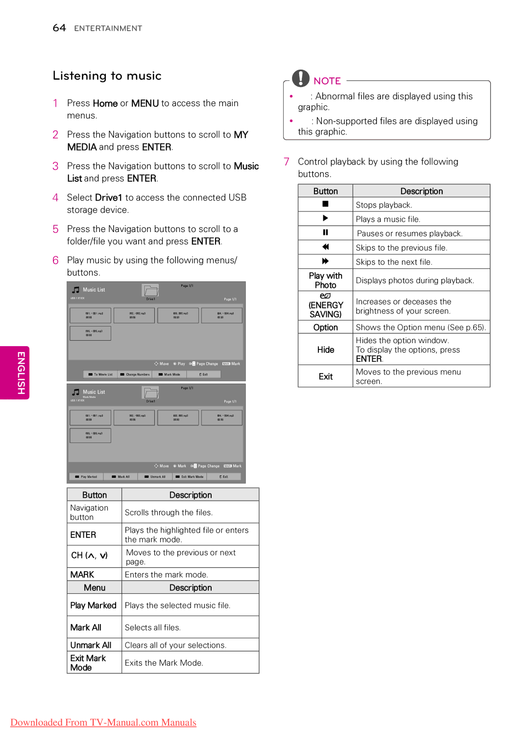 LG Electronics 42LW505C, 55LV5300, 55LW5000, 55LV355C, 55LV355B, 55LV3500, 50PZ200, 50PW350R Listening to music, Mode Button 