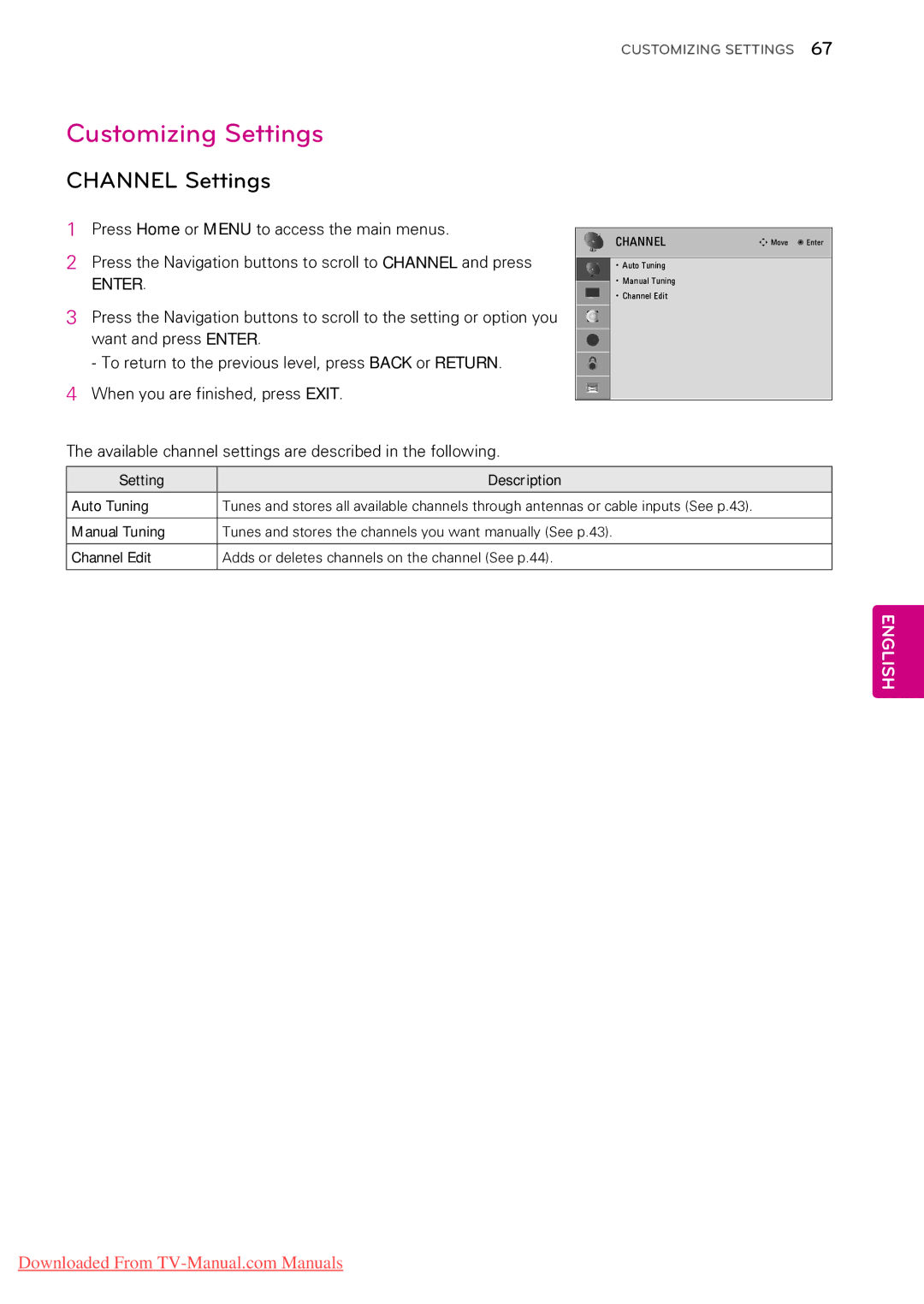 LG Electronics 42PW350U Customizing Settings, Channel Settings, Available channel settings are described in the following 