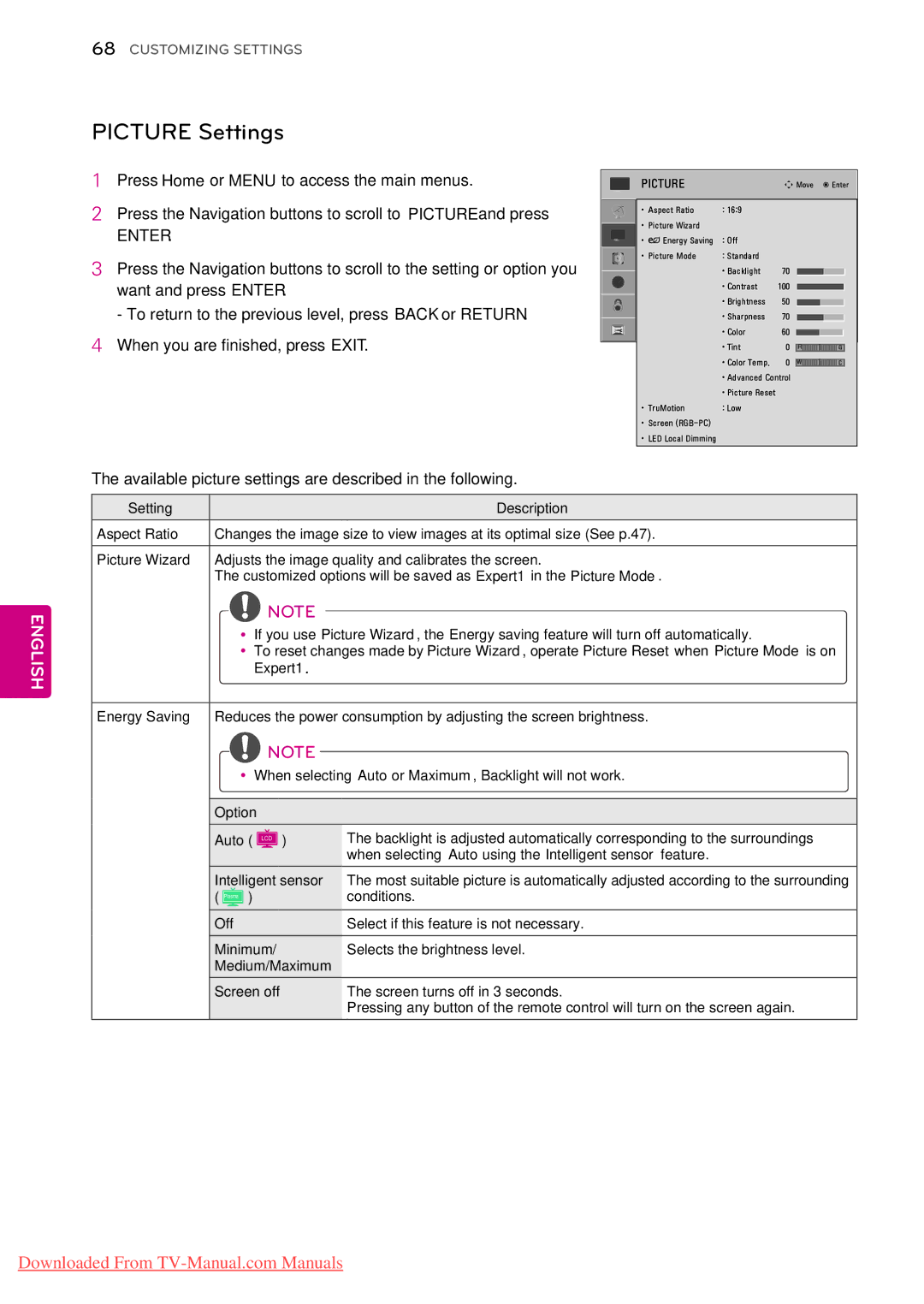 LG Electronics 47LK450, 55LV5300, 55LW5000 Picture Settings, Available picture settings are described in the following 