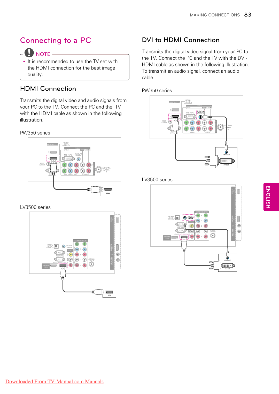 LG Electronics 47LV355B, 55LV5300, 55LW5000, 55LV355C, 55LV355B, 55LV3500, 50PZ200, 50PW350R, 50PW350U Connecting to a PC, Hdmi 