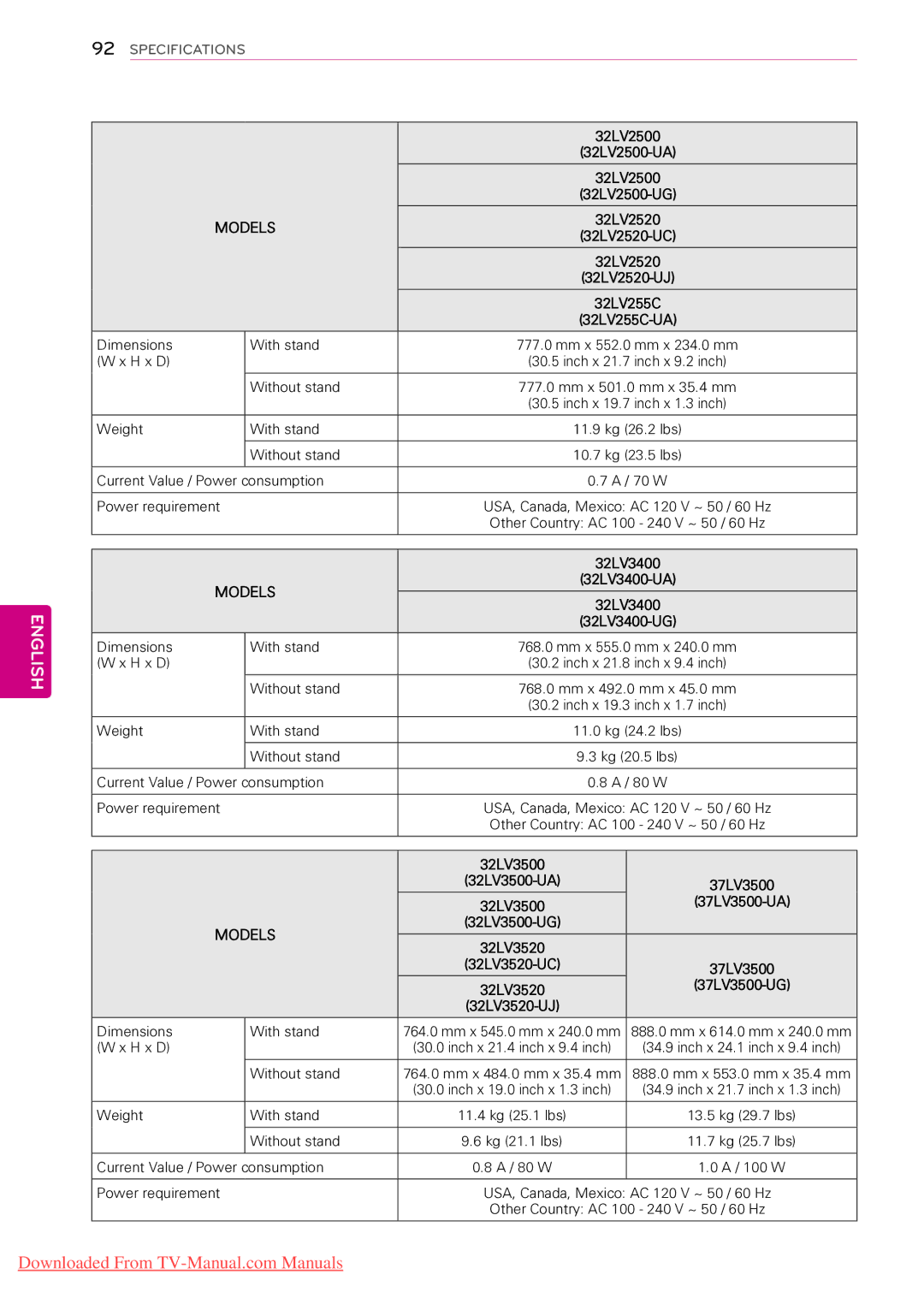 LG Electronics 32LK450, 55LV5300, 55LW5000, 55LV355C, 55LV355B, 55LV3500, 50PZ200, 50PW350R 32LV2500, 37LV3500-UA, 37LV3500-UG 