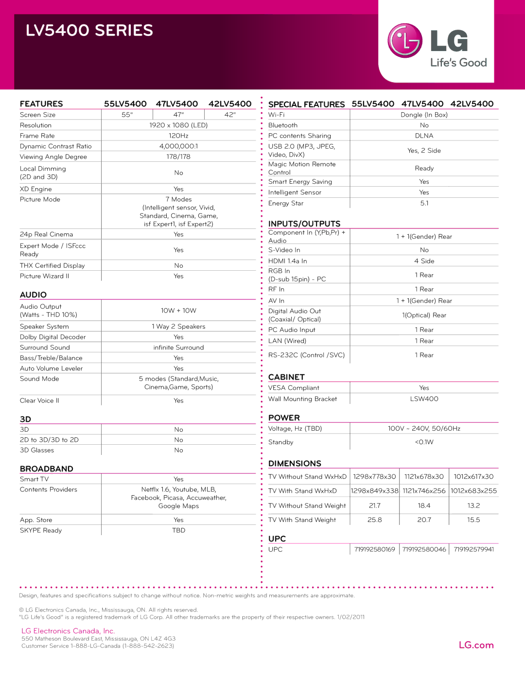 LG Electronics manual Audio, Broadband, Special Features 55LV5400 47LV5400 42LV5400, Inputs/outputs, Cabinet, Power 