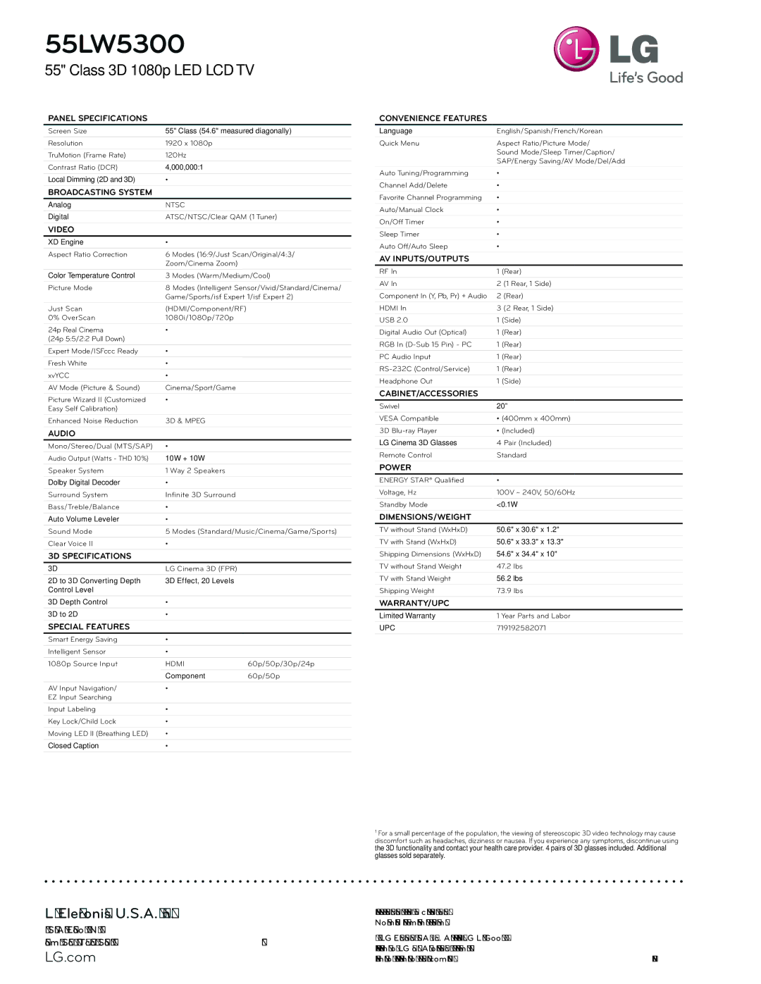 LG Electronics 55LW5300 manual Panel Specifications, Broadcasting System, Video, Audio, 3D Specifications, Special Features 