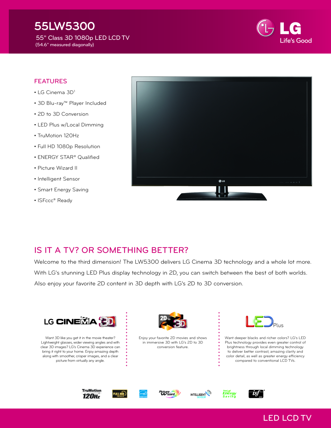 LG Electronics 55LW5300 manual Features, Is It A Tv? Or Something Better?, Led Lcd Tv, Class 3D 1080p LED LCD TV 