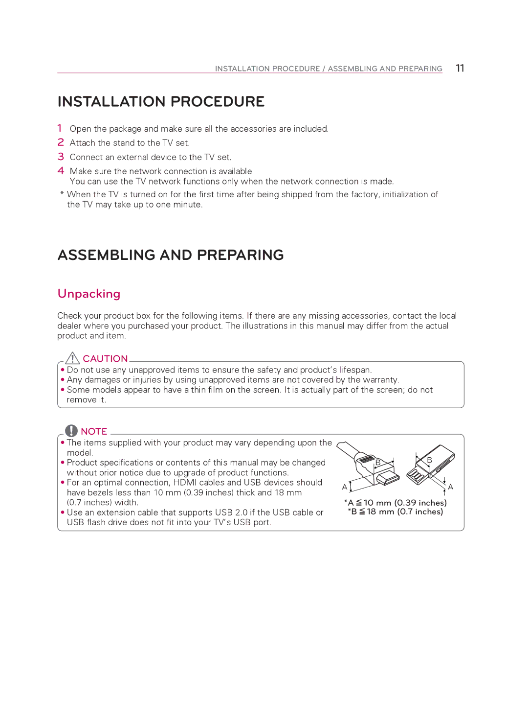 LG Electronics 55UB9500 owner manual Installation Procedure, Assembling and Preparing, Unpacking 