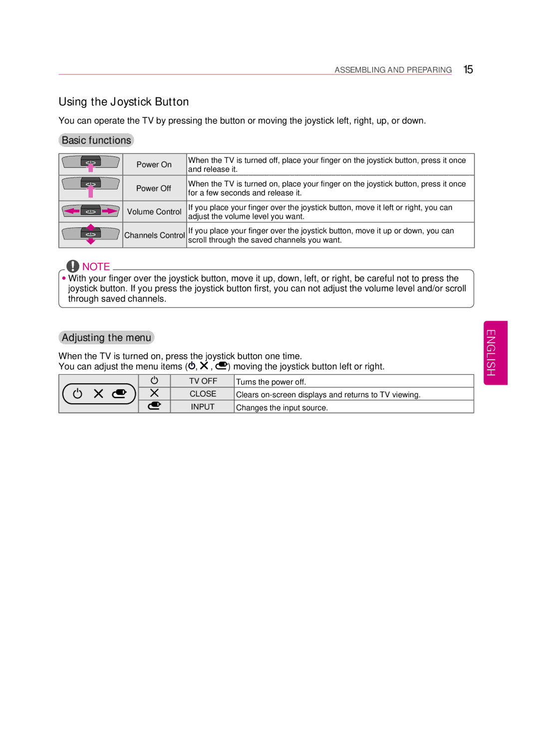 LG Electronics 55UB9500 owner manual Using the Joystick Button, Basic functions, Adjusting the menu 