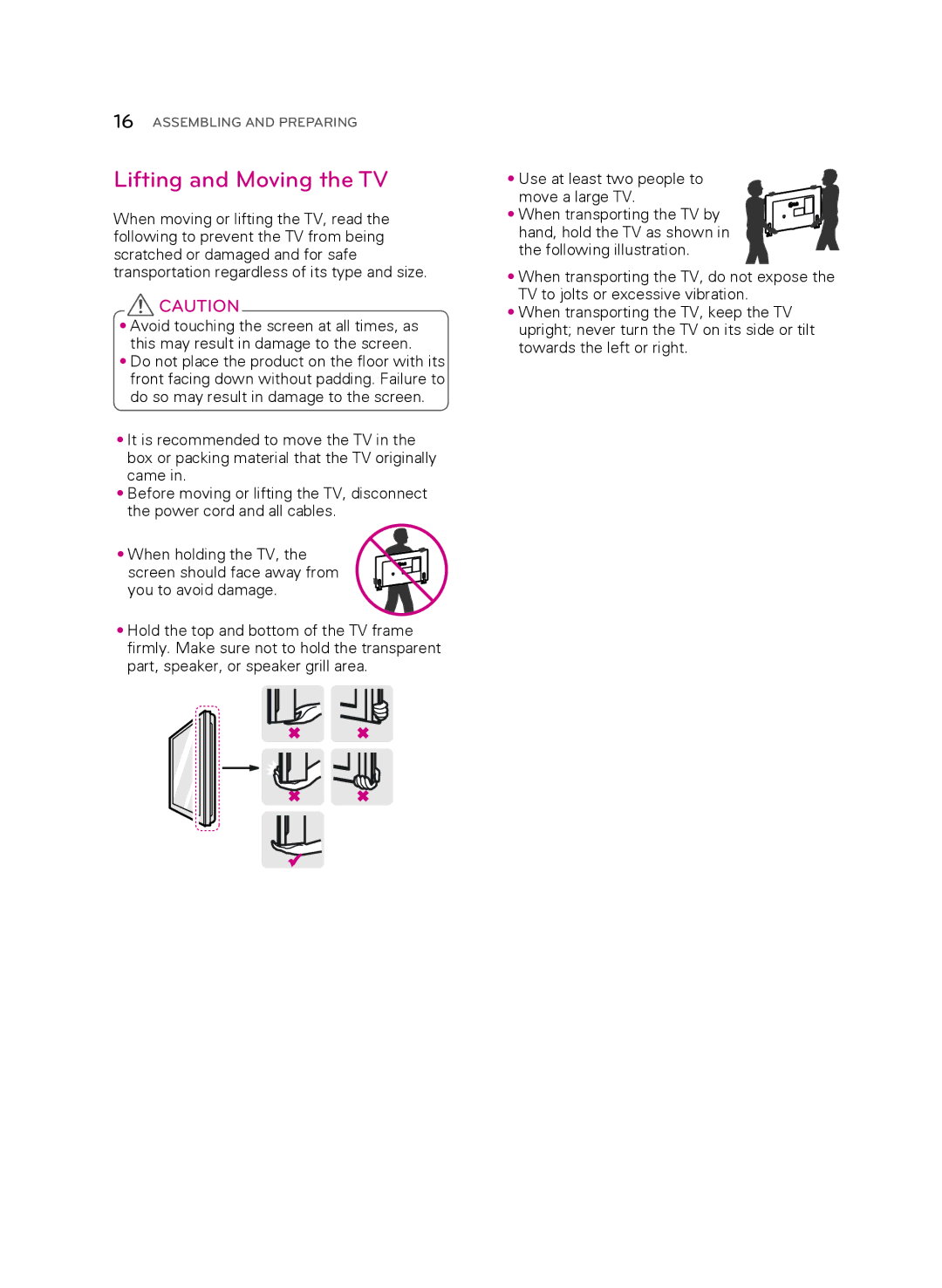 LG Electronics 55UB9500 owner manual Lifting and Moving the TV 