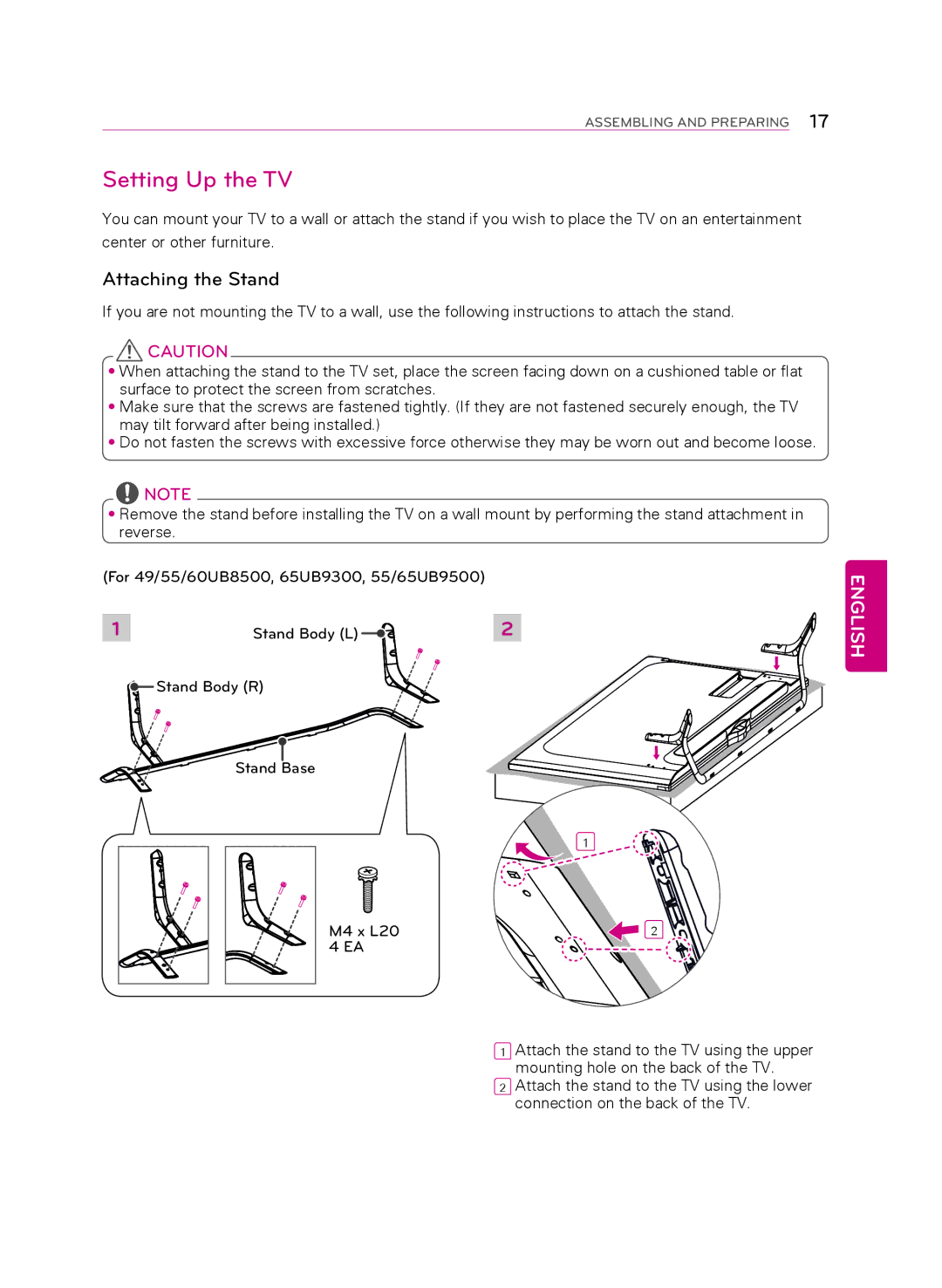 LG Electronics 55UB9500 owner manual Setting Up the TV, Attaching the Stand 