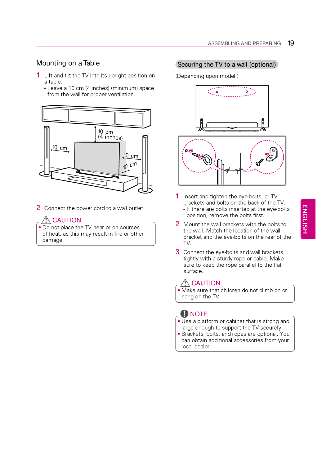 LG Electronics 55UB9500 owner manual Mounting on a Table, Securing the TV to a wall optional, 10 cm 