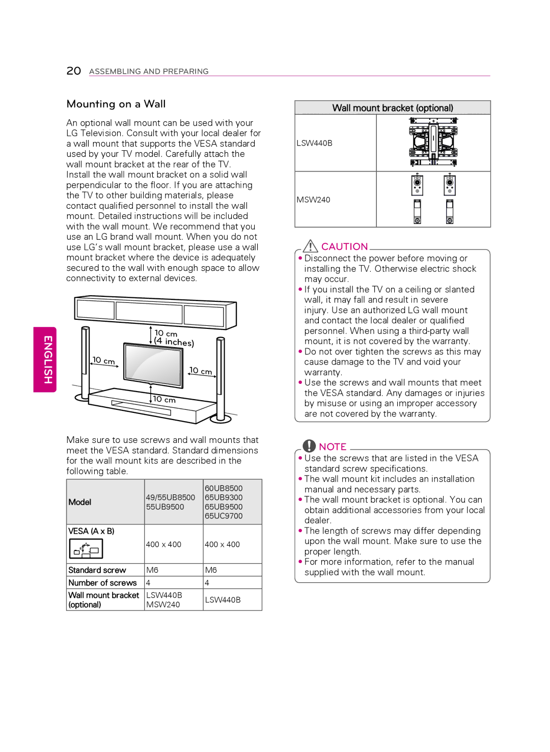 LG Electronics 55UB9500 owner manual Mounting on a Wall, Inches, Wall mount bracket optional 