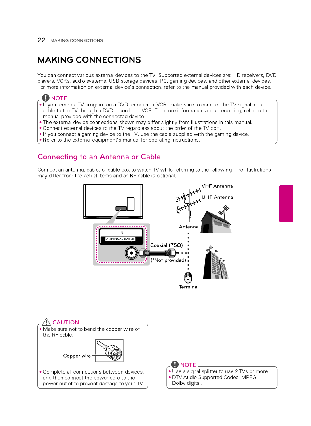 LG Electronics 55UB9500 owner manual Making Connections, Connecting to an Antenna or Cable 