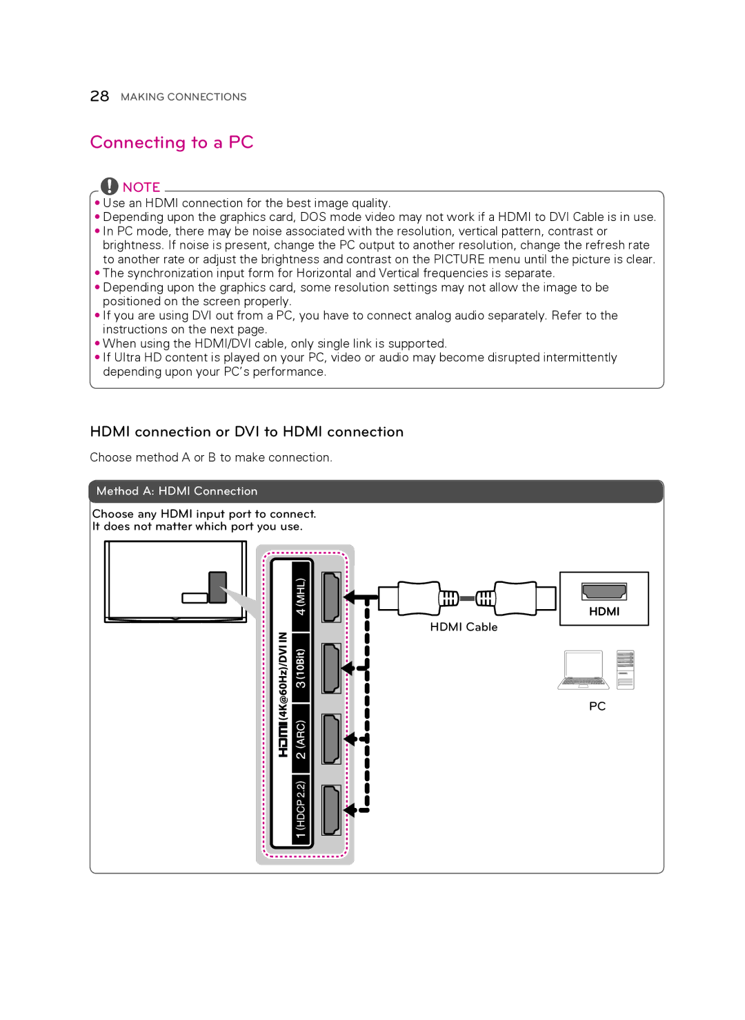 LG Electronics 55UB9500 owner manual Connecting to a PC, Hdmi connection or DVI to Hdmi connection 