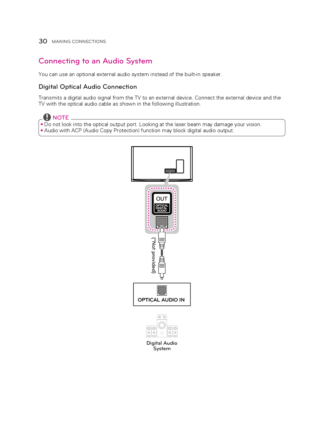 LG Electronics 55UB9500 owner manual Connecting to an Audio System, Digital Optical Audio Connection 