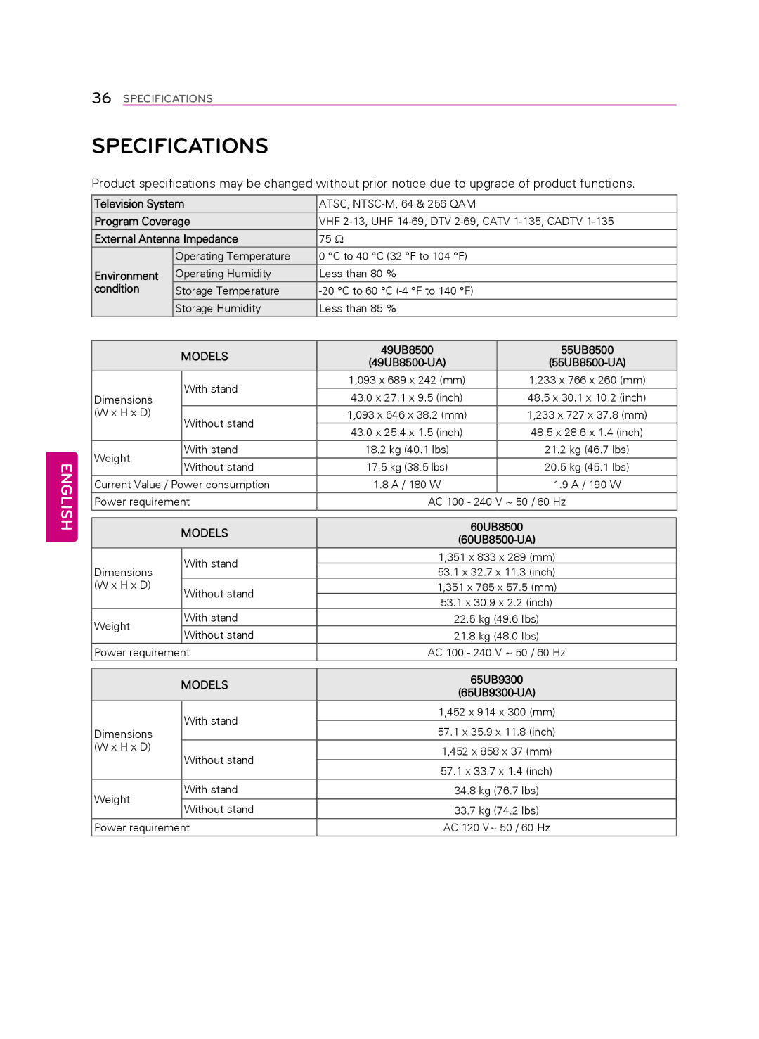 LG Electronics 55UB9500 owner manual Specifications, Models 