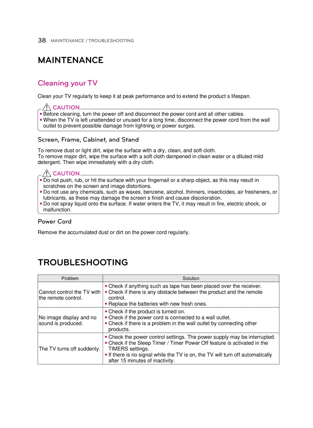 LG Electronics 55UB9500 Maintenance, Troubleshooting, Cleaning your TV, Screen, Frame, Cabinet, and Stand, Power Cord 