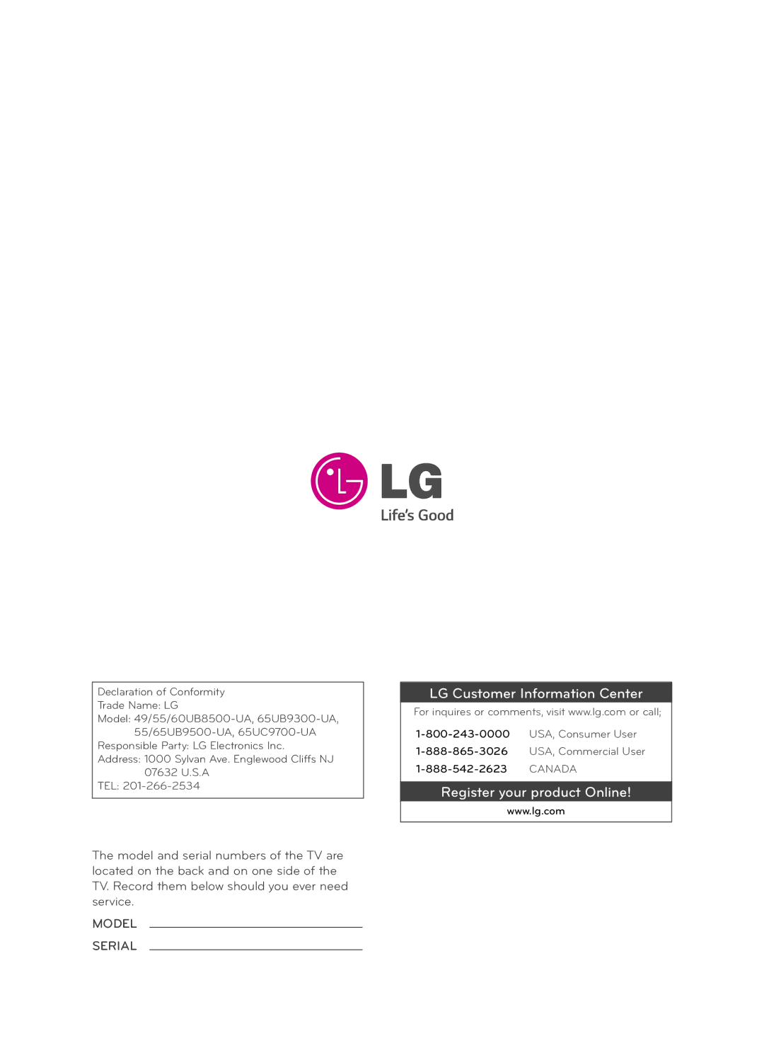 LG Electronics 55UB9500 owner manual LG Customer Information Center 