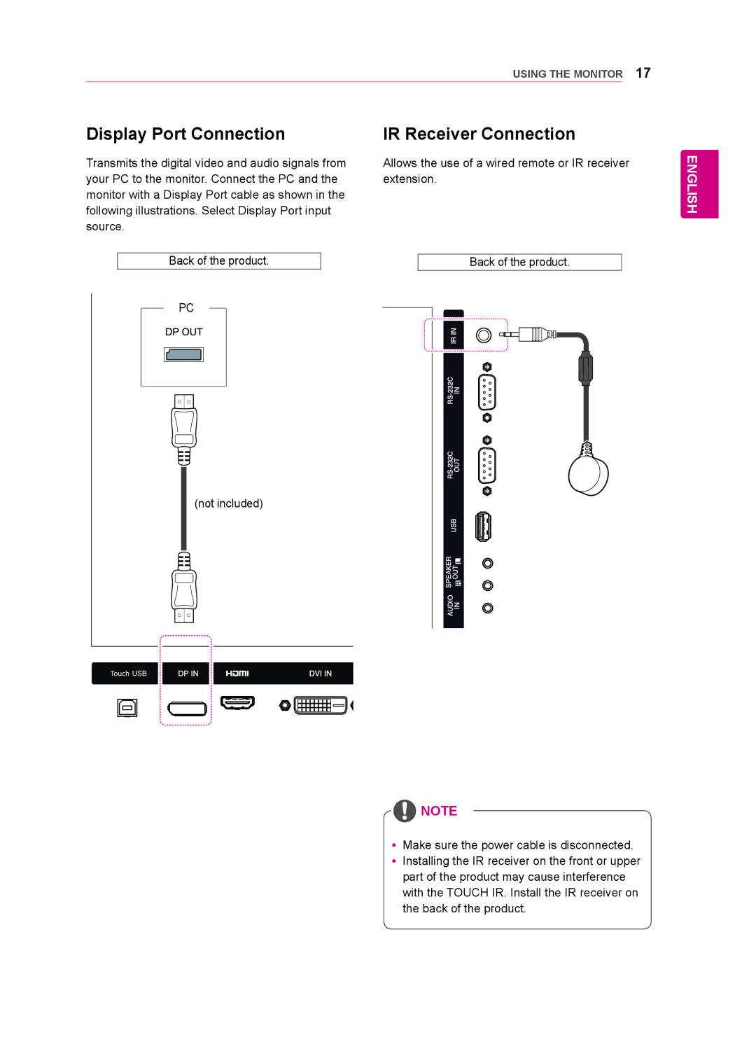 LG Electronics 47WT30MS, 55WT30MS, 42WT30MS owner manual Display Port Connection IR Receiver Connection 