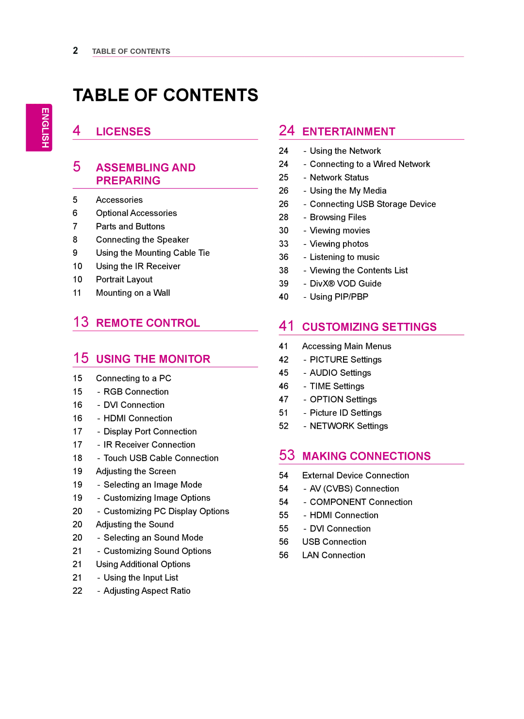 LG Electronics 47WT30MS, 55WT30MS, 42WT30MS owner manual Table of Contents 