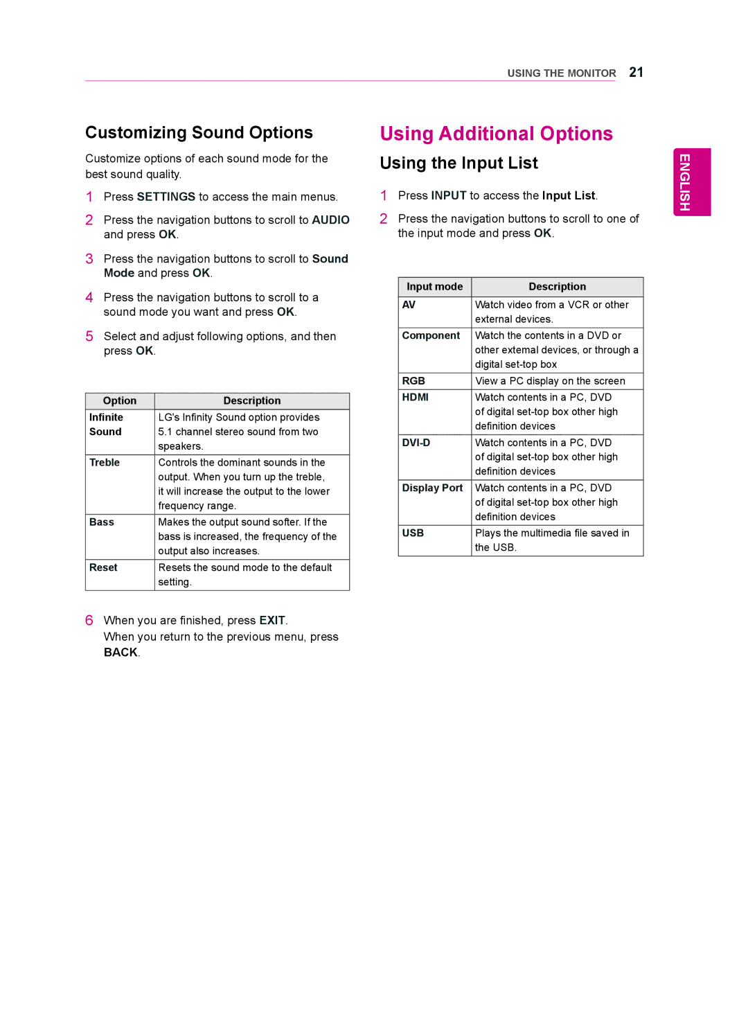 LG Electronics 55WT30MS, 42WT30MS, 47WT30MS Using Additional Options, Customizing Sound Options, Using the Input List 