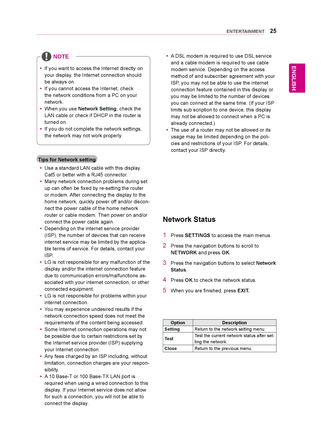 LG Electronics 42WT30MS Network Status, Tips for Network setting, Ting the network, Close Return to the previous menu 