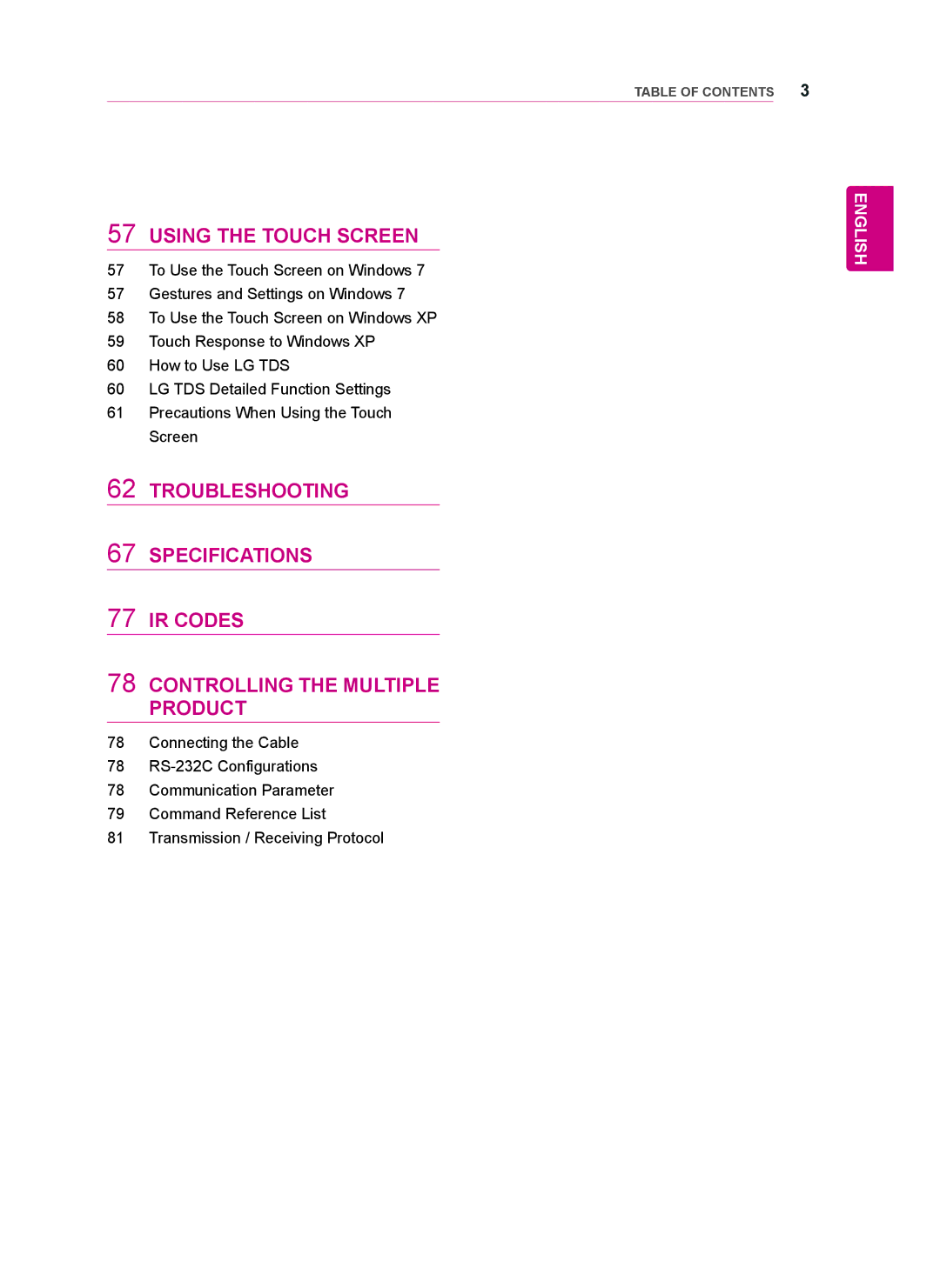 LG Electronics 55WT30MS, 42WT30MS, 47WT30MS owner manual Using the Touch Screen 