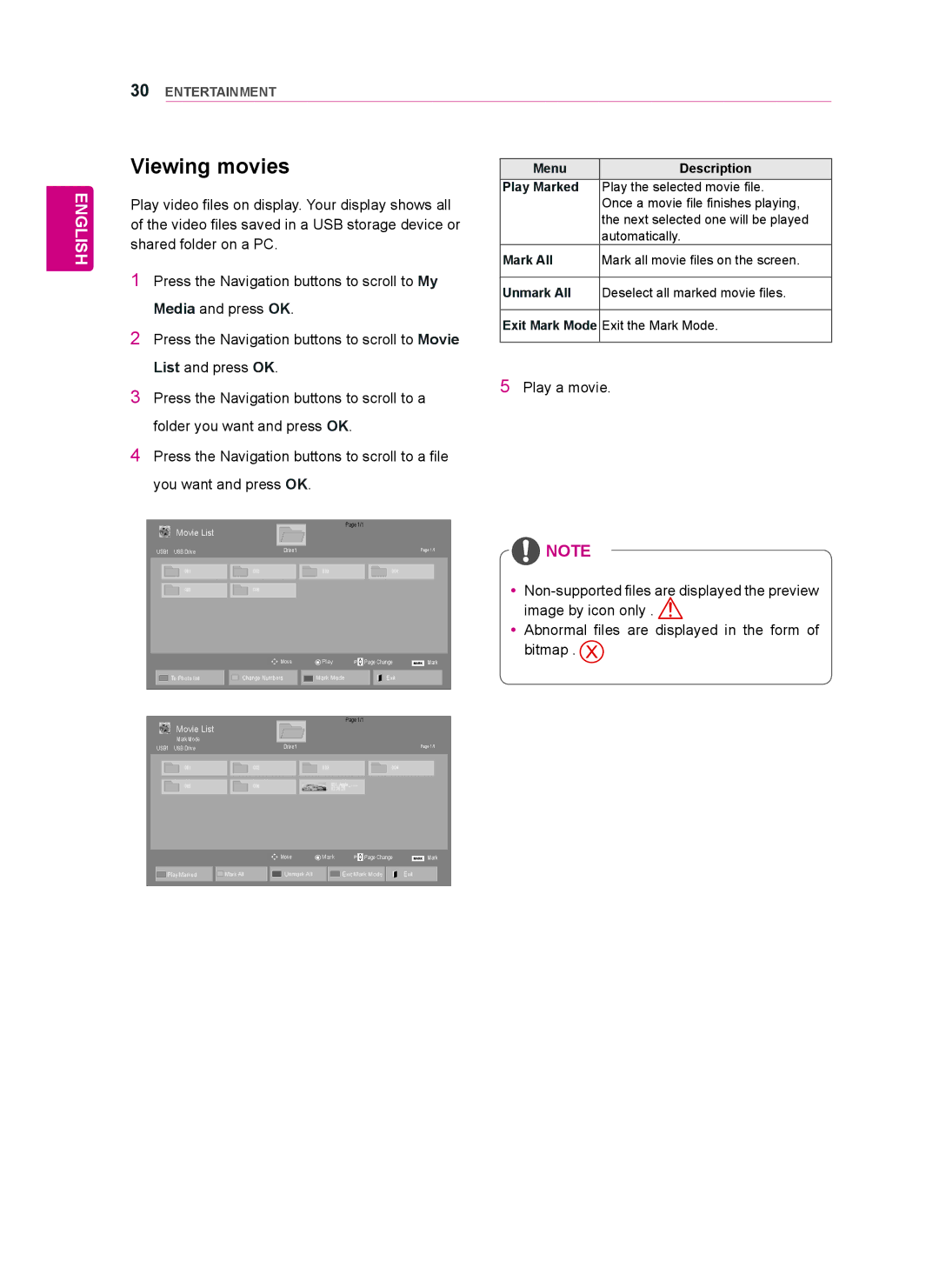 LG Electronics 55WT30MS, 42WT30MS, 47WT30MS owner manual Viewing movies, Menu Description Play Marked, Mark All, Unmark All 