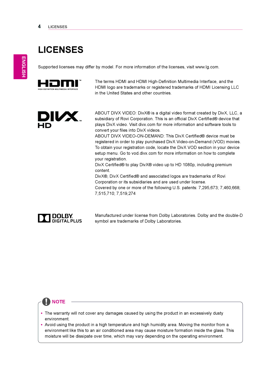 LG Electronics 42WT30MS, 55WT30MS, 47WT30MS owner manual Licenses 