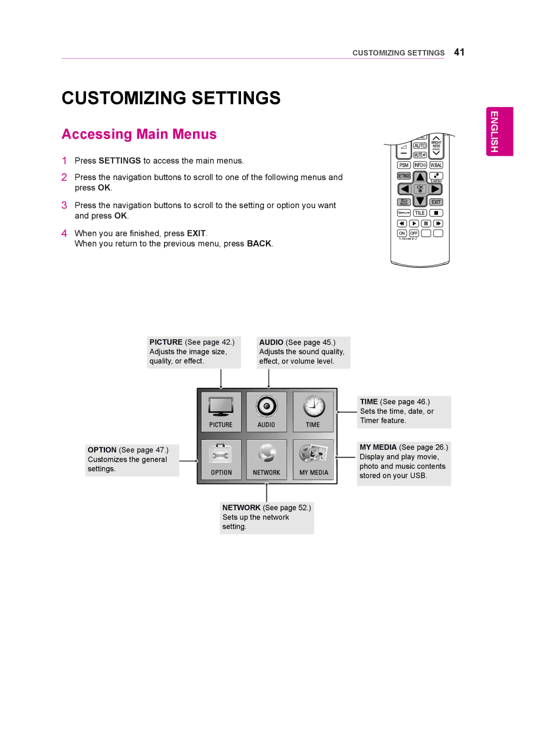 LG Electronics 47WT30MS, 55WT30MS, 42WT30MS owner manual Customizing Settings, Accessing Main Menus 