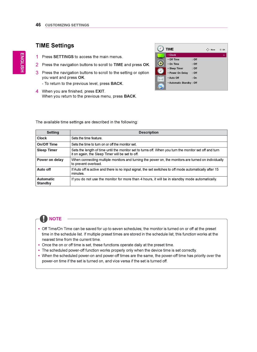 LG Electronics 42WT30MS, 55WT30MS, 47WT30MS owner manual Time Settings 