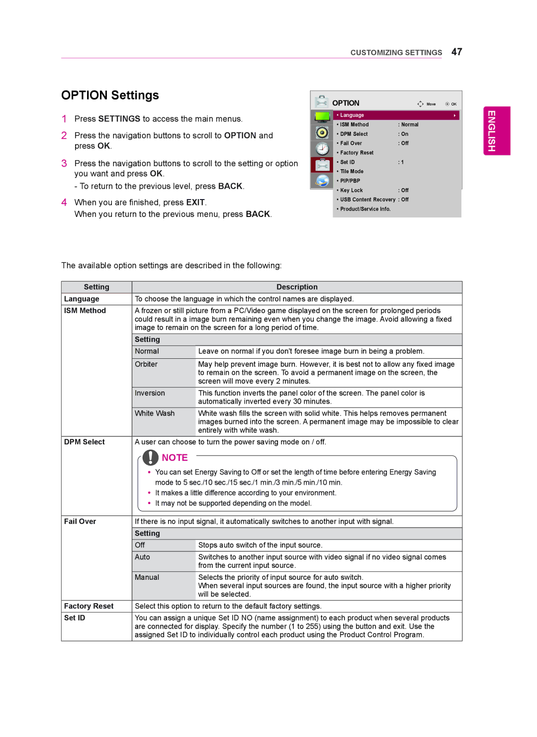 LG Electronics 47WT30MS, 55WT30MS, 42WT30MS owner manual Option Settings 