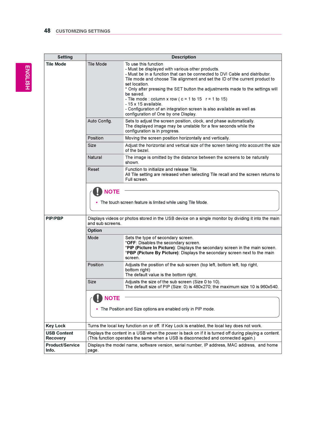 LG Electronics 55WT30MS, 42WT30MS Setting Description Tile Mode, Key Lock, USB Content, Recovery, Product/Service, Info 