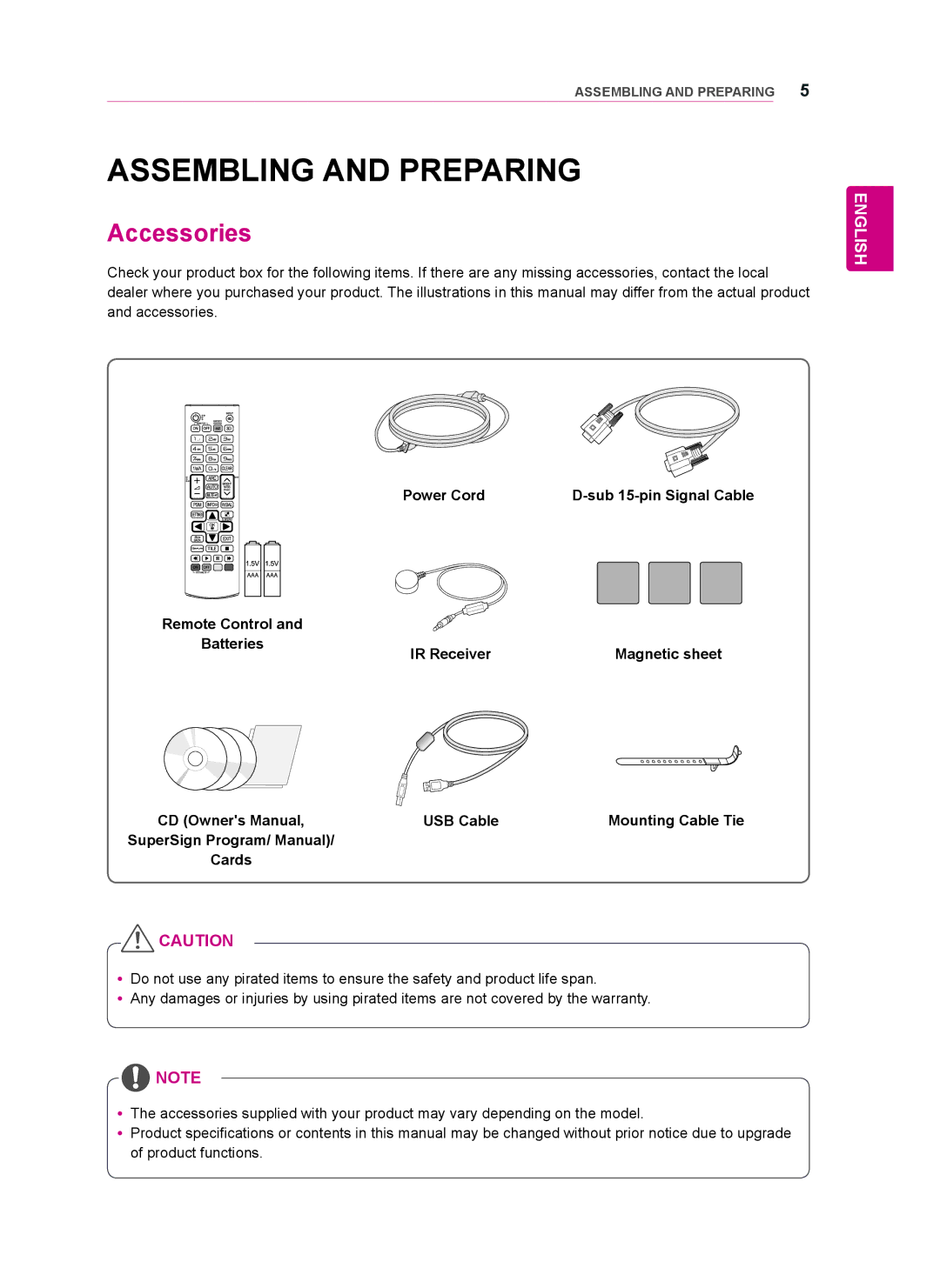 LG Electronics 47WT30MS, 55WT30MS, 42WT30MS owner manual Assembling and Preparing, Accessories, Magnetic sheet 